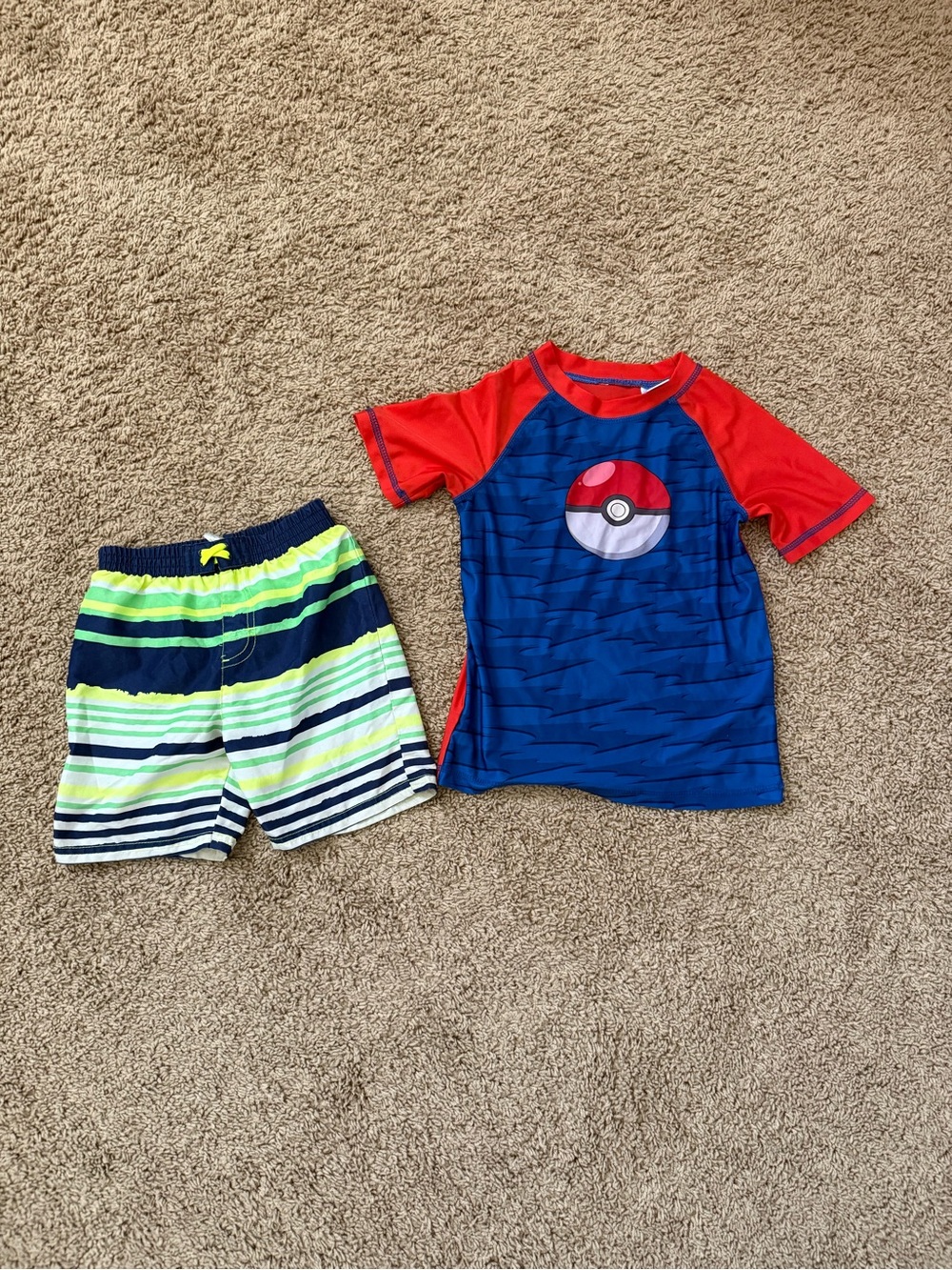 Blue and Red Rash Guard with Navy, Lime and White Striped Swim Trunks Pokemon